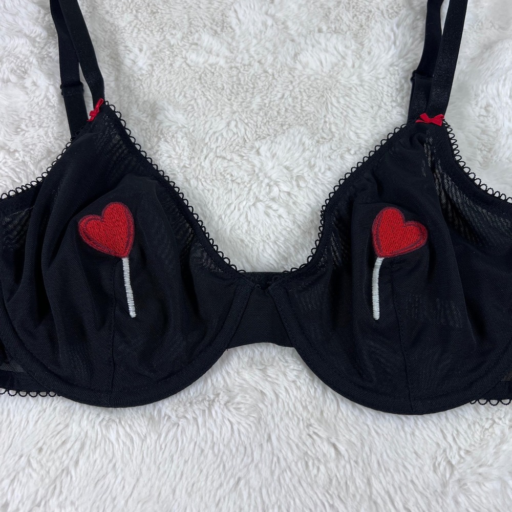 Victoria's Secret Tease Black Mesh Heart Lollipop Unlined Demi Bra 32DD QC5 NWOT